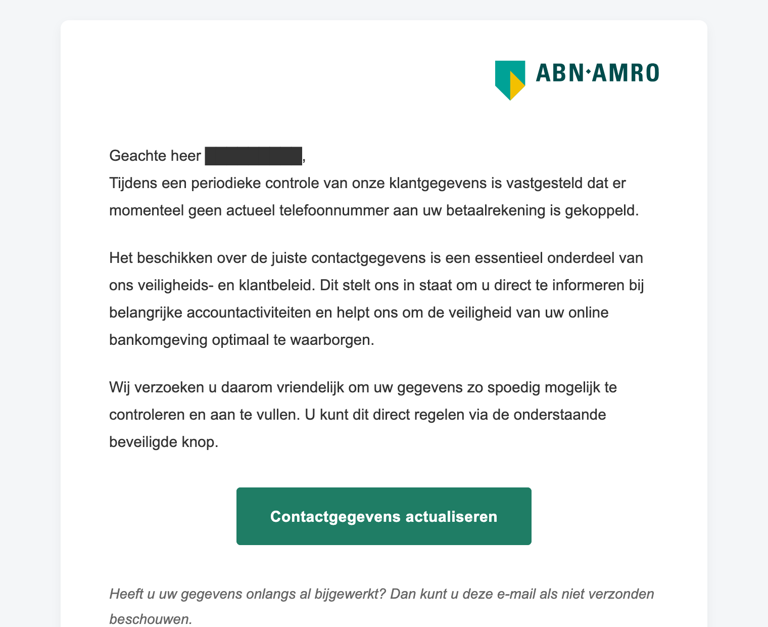 Phishingmail namens ABN AMRO die het slachtoffer bij naam aanspreekt